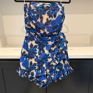 Blue Floral Strapless Romper. Size M